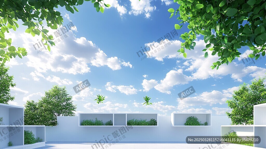 蓝天白云下的清新户外空间