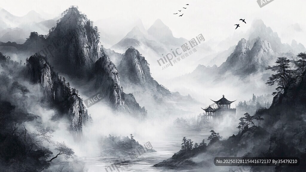水墨山水间的静谧亭阁