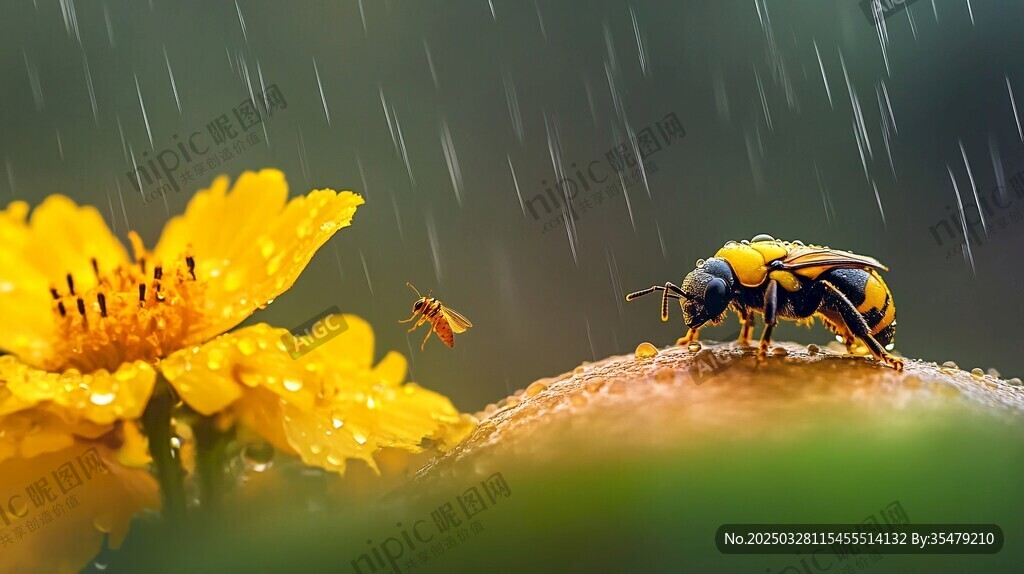 雨中黄花上的甲虫与飞虫
