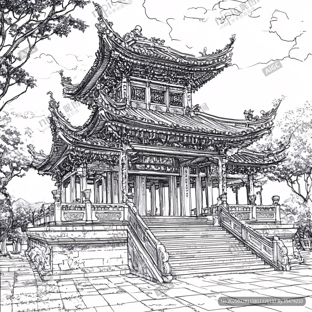 中式古亭手绘图景