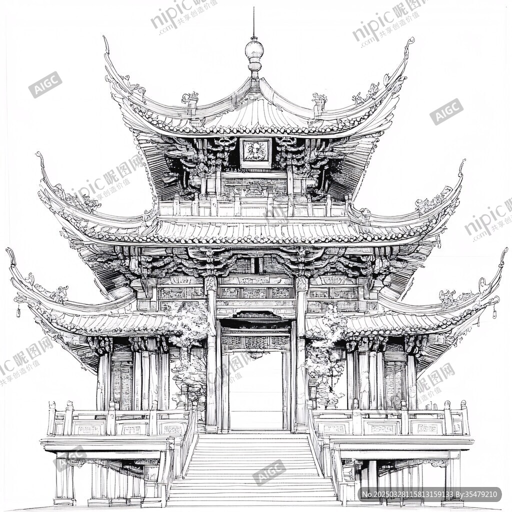 中式古亭建筑线稿图