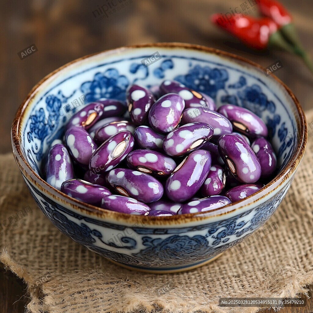 紫花芸豆盛于中式青花瓷碗