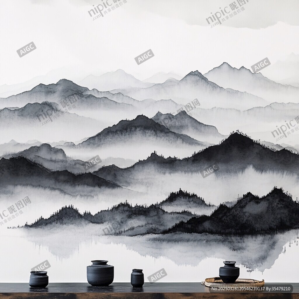 水墨山水间的雅致茶具