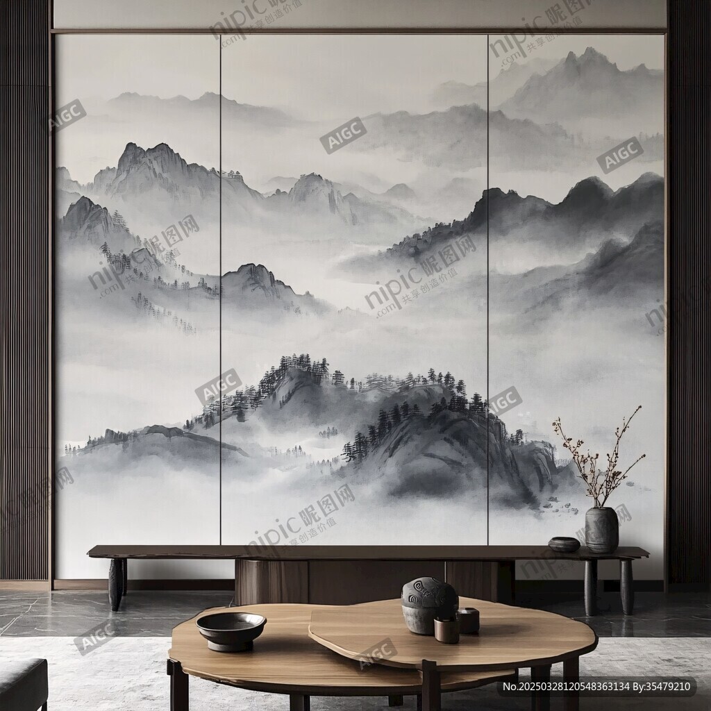 中式山水背景墙室内场景