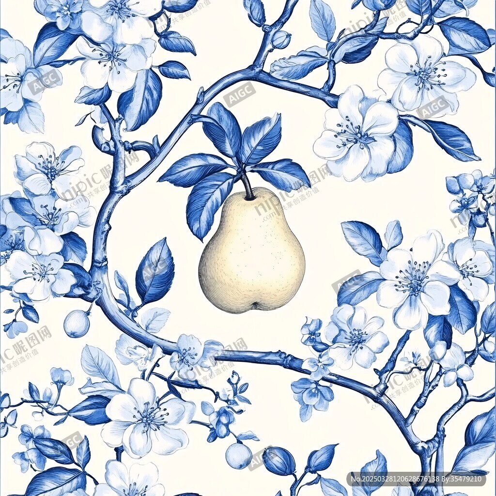 蓝白花卉间的清新梨子图案