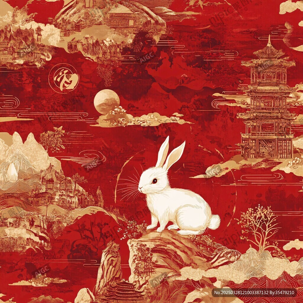 玉兔贺岁中式祥瑞图景