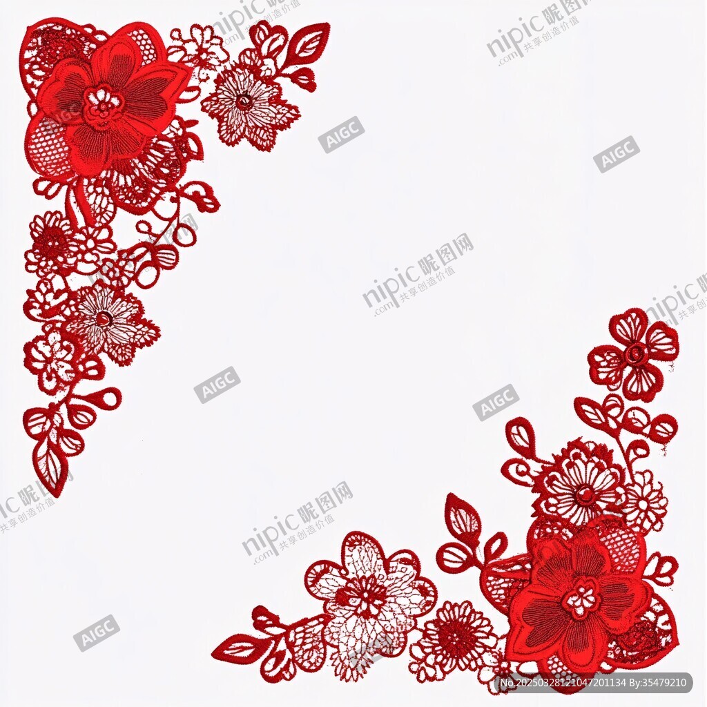 红色蕾丝花边花卉装饰图案