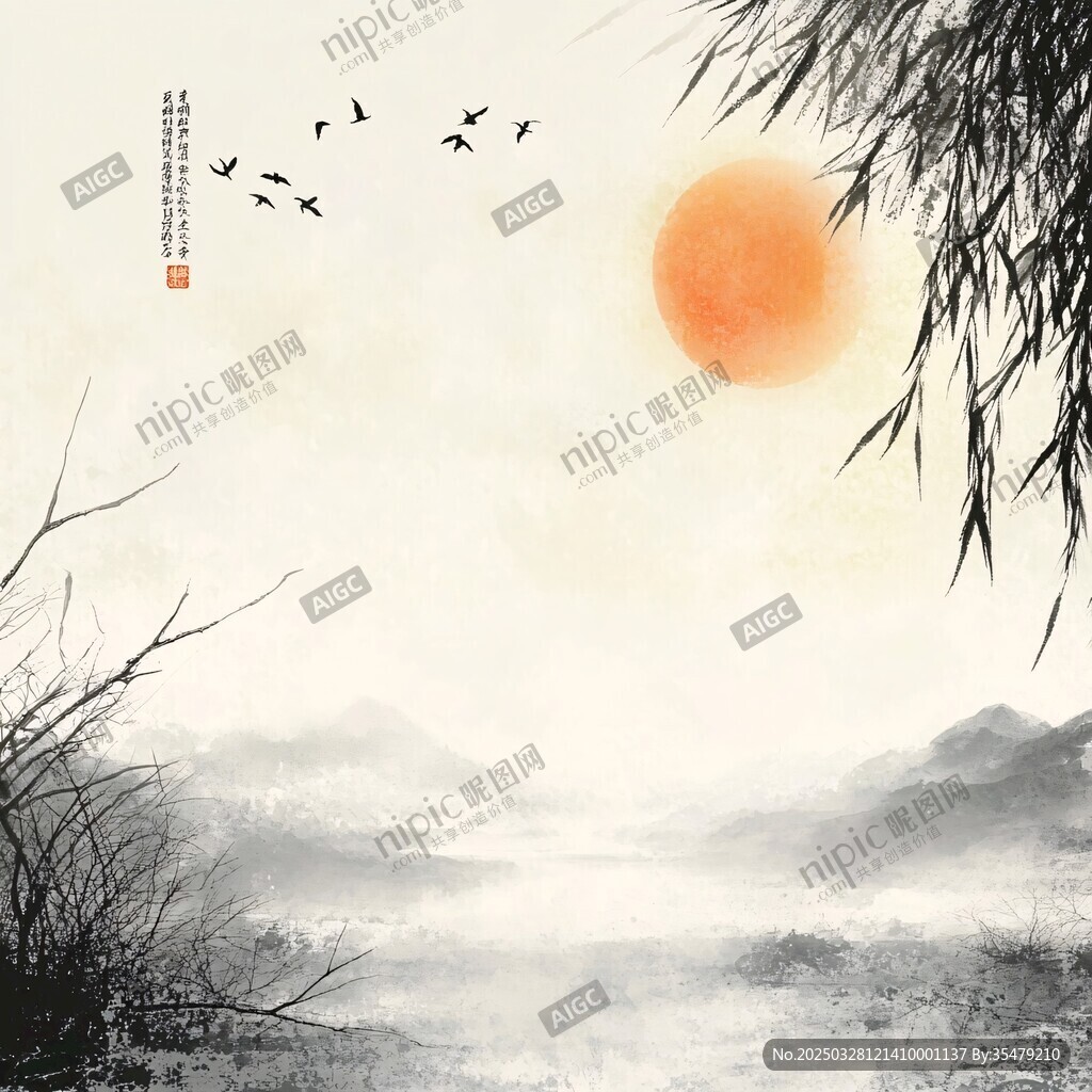 落日飞鸟伴柳的水墨景致