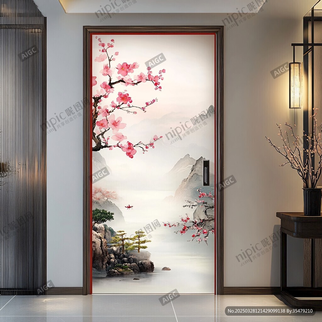 中式桃花山水门饰画
