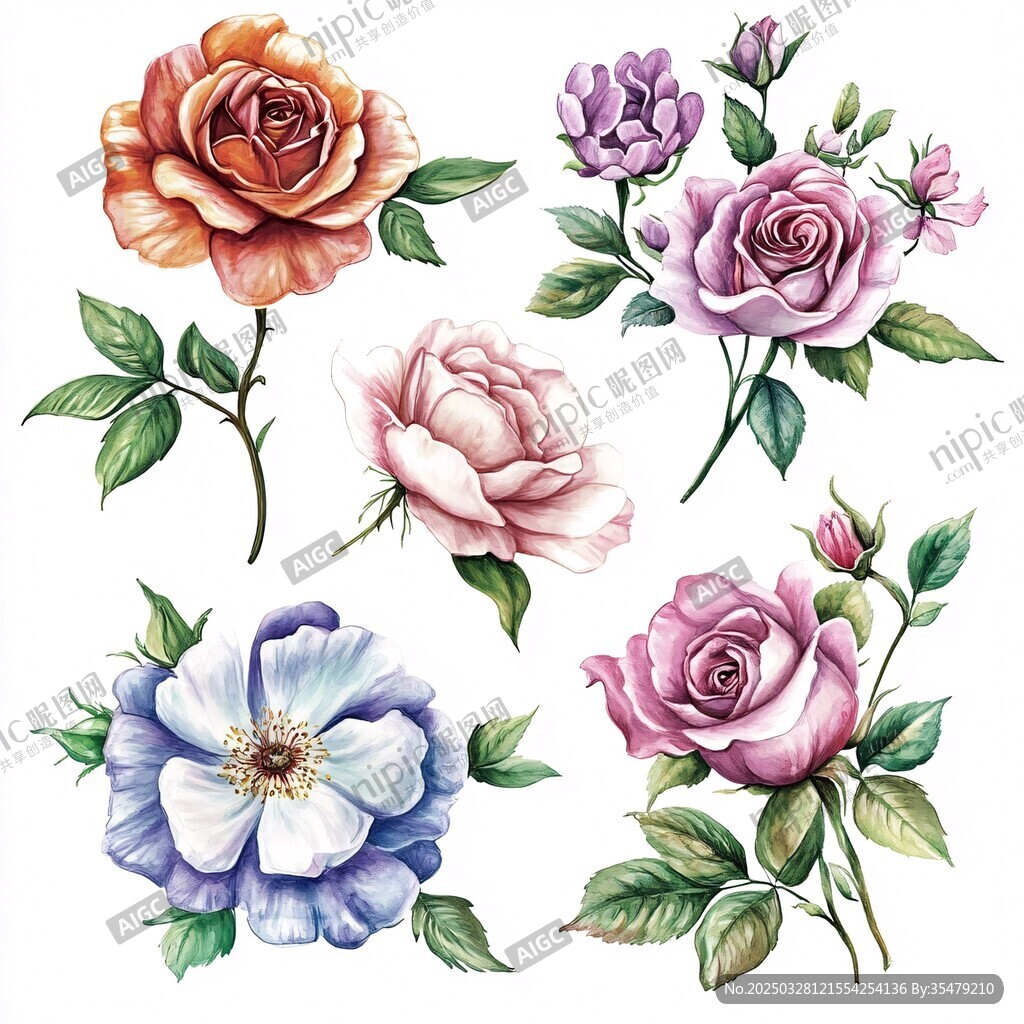 水彩风多彩玫瑰花插画