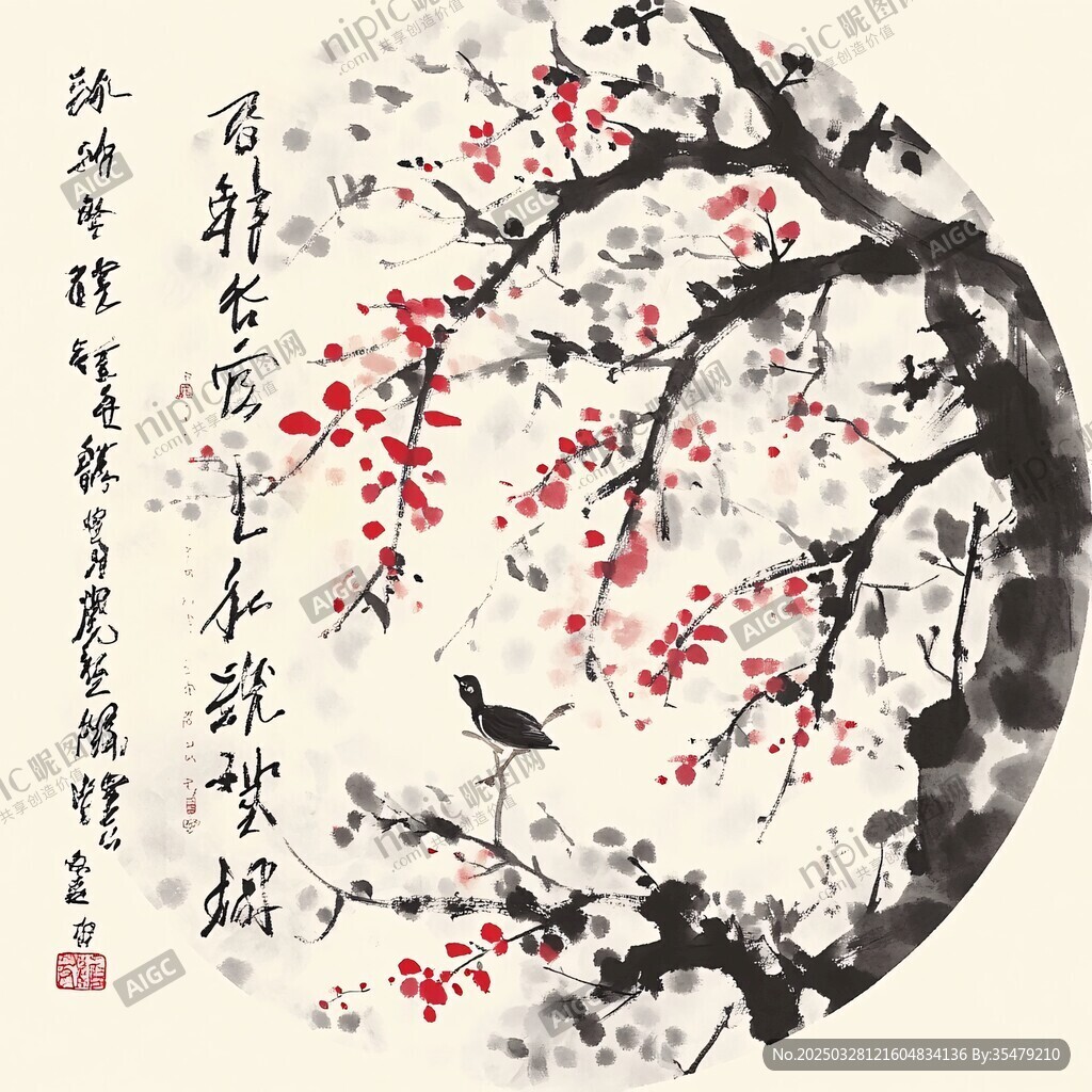 墨韵红梅间小鸟栖枝头
