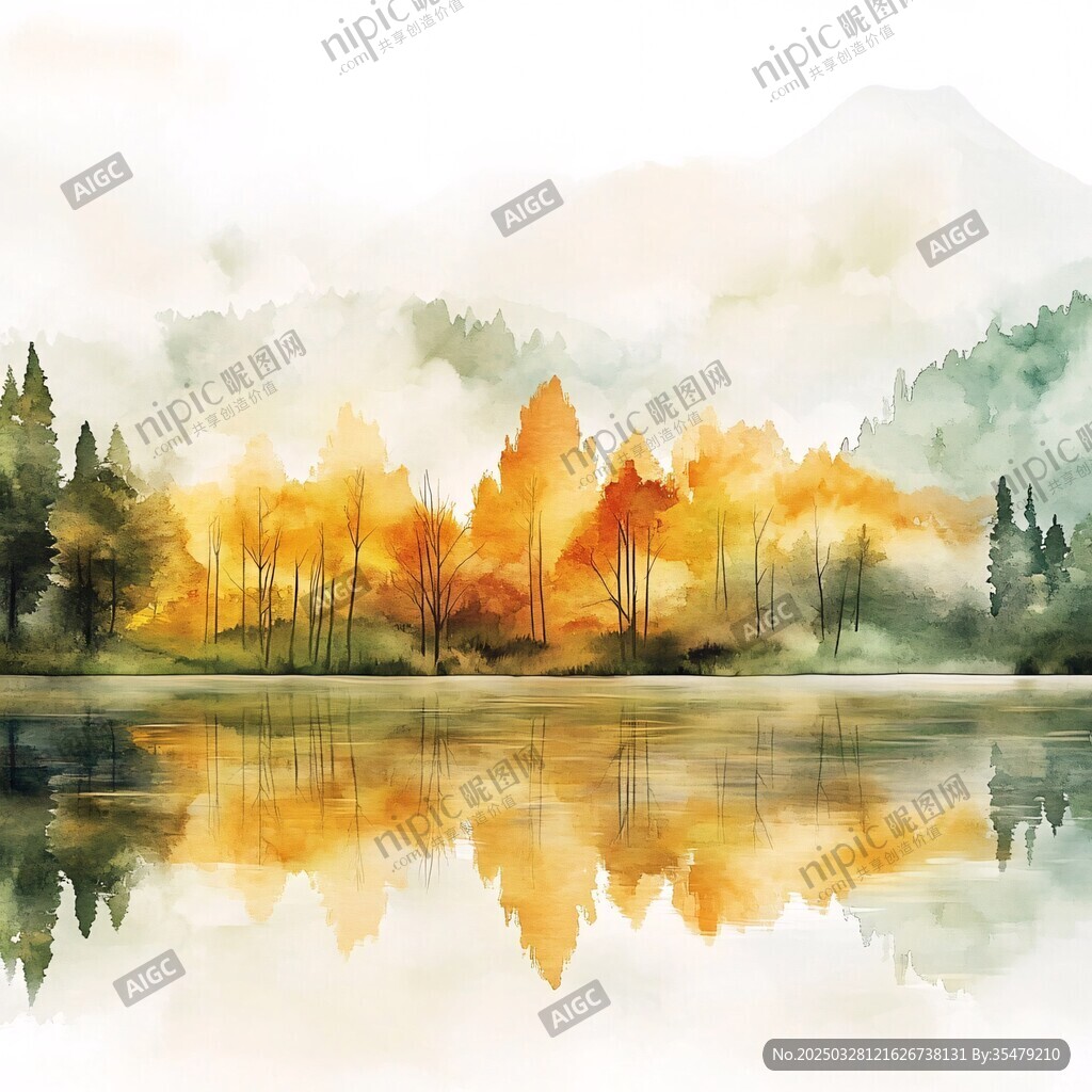 秋日湖畔水彩风景图