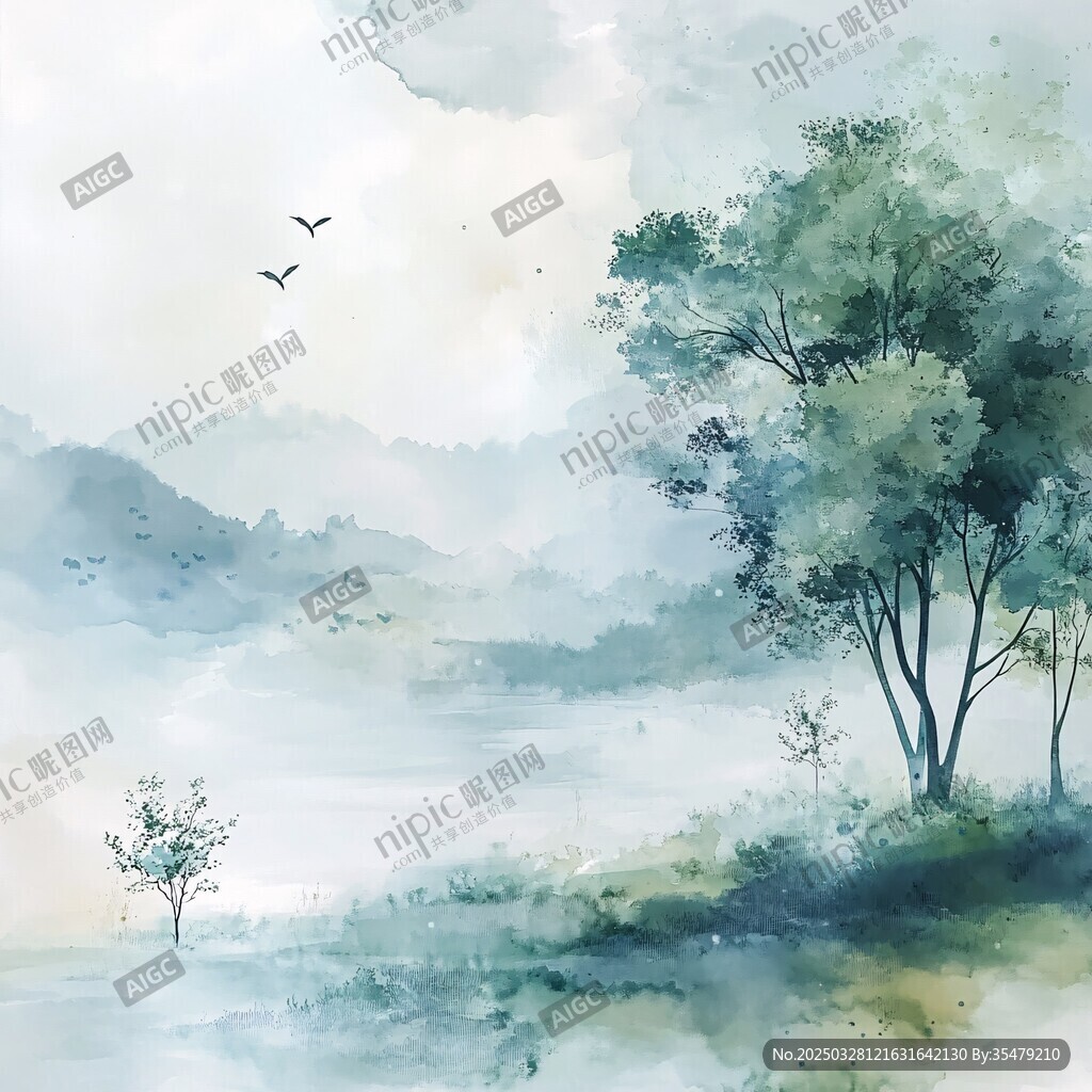 水墨山林飞鸟诗意画卷
