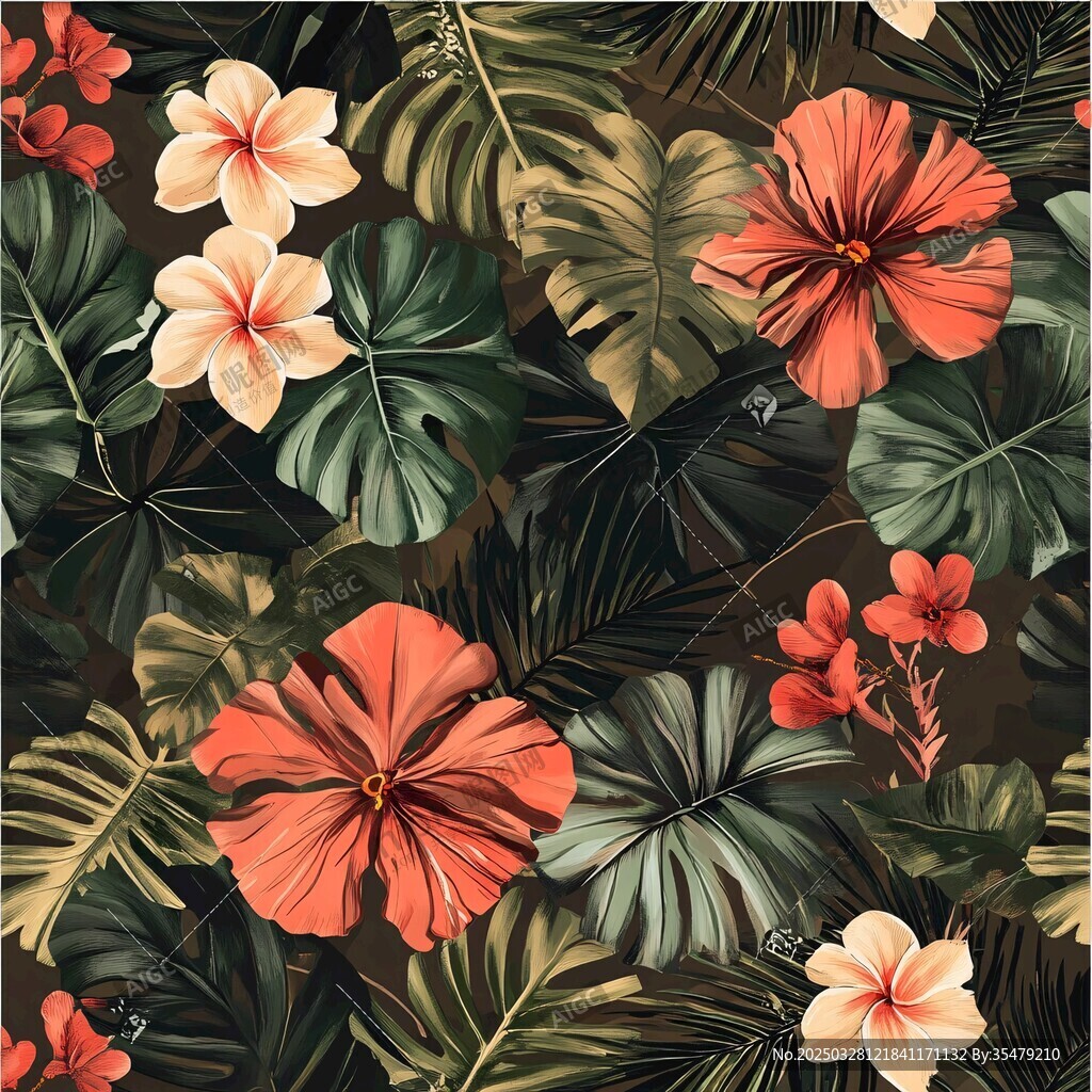 热带花卉与绿叶图案设计