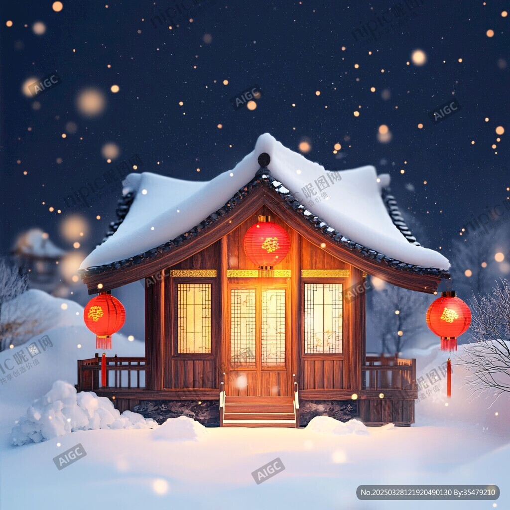 雪夜中式小屋挂红灯笼