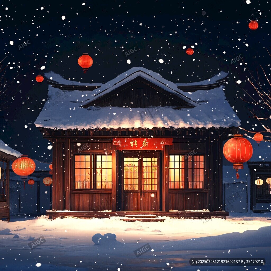 雪夜古宅红灯暖景