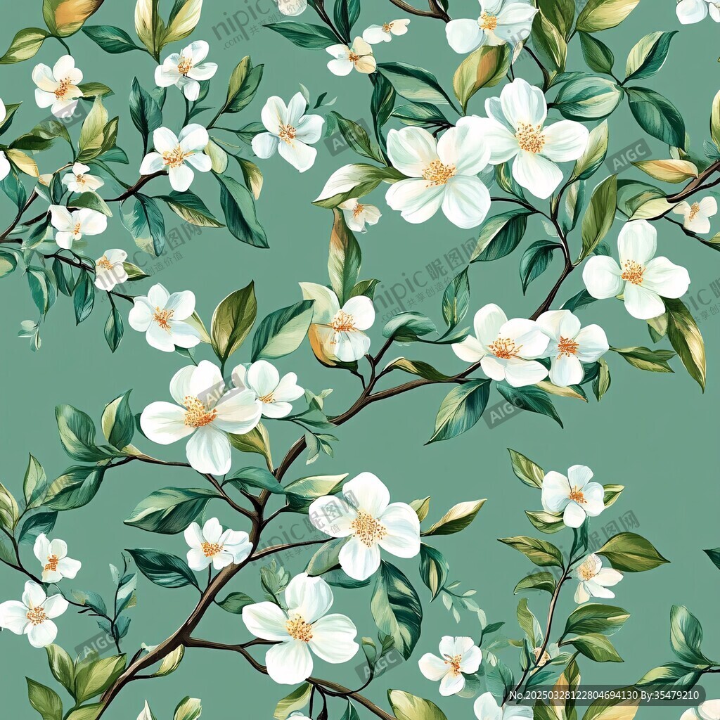 清新绿底白花植物图案