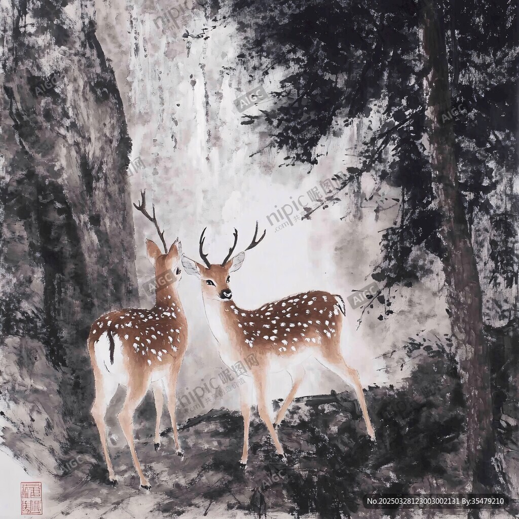 双鹿幽林图