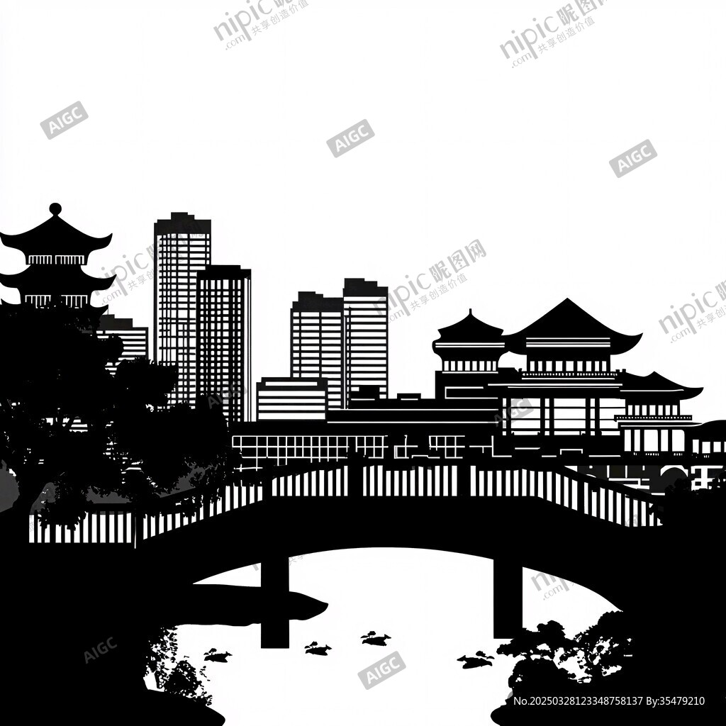 中式城市桥景剪影