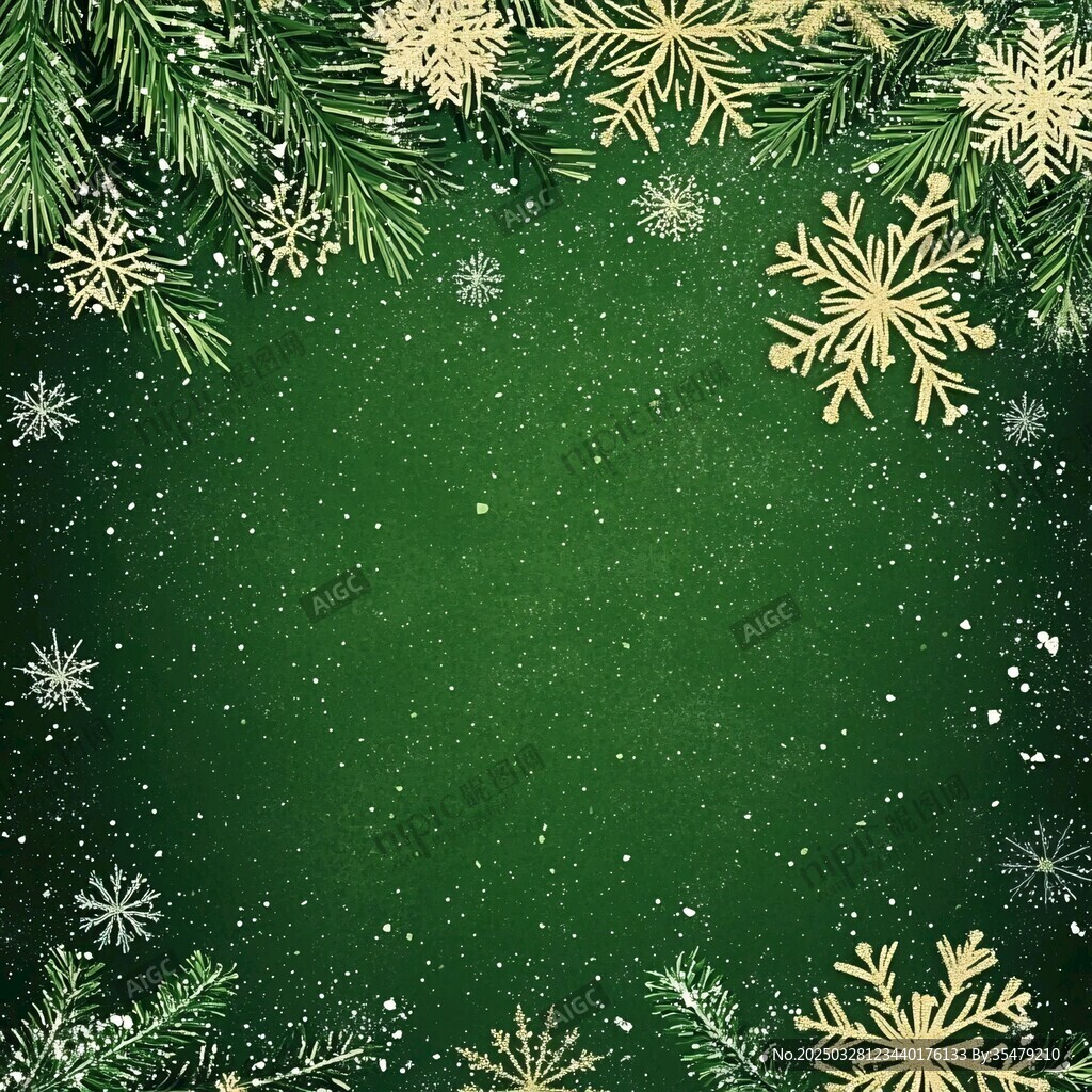 绿色圣诞松枝雪花背景图