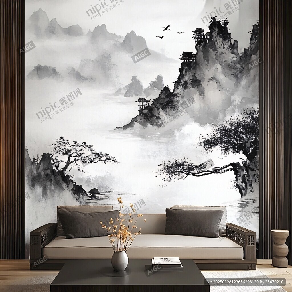 中式山水意境客厅背景墙