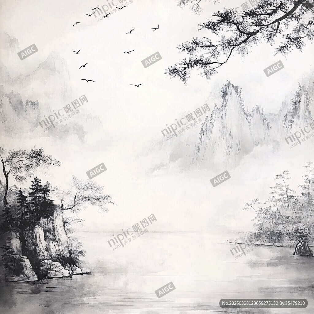 水墨山水间飞鸟伴松景