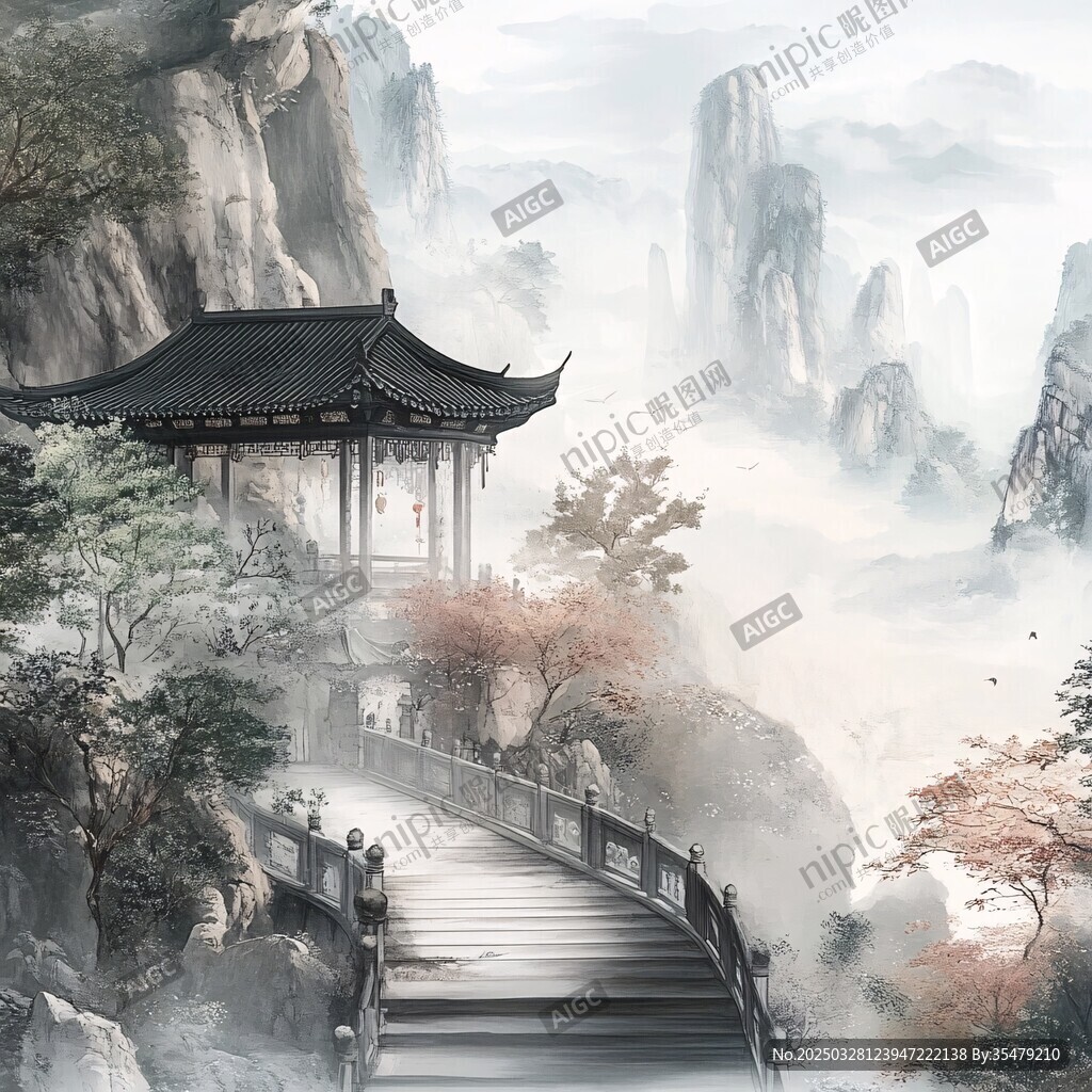 水墨山水间的古风亭台小径