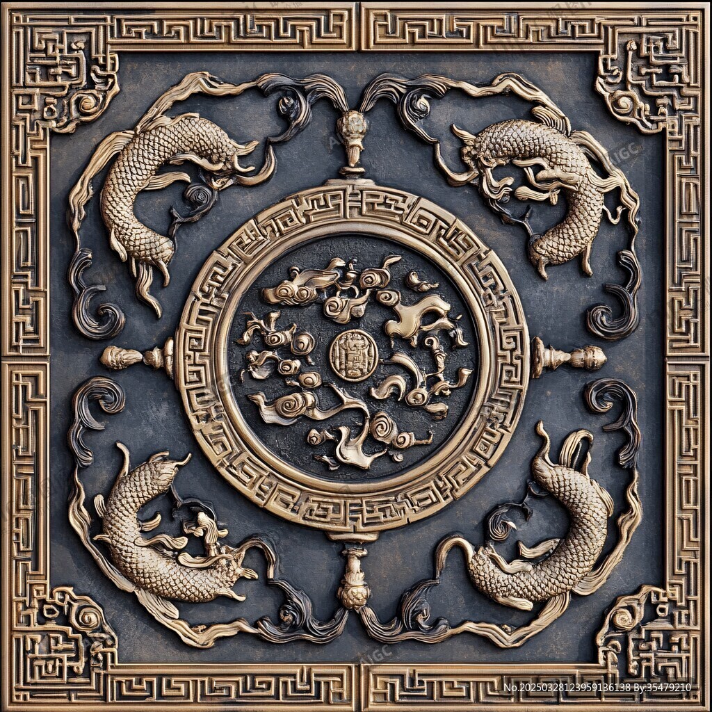 中式双龙戏珠浮雕装饰图案