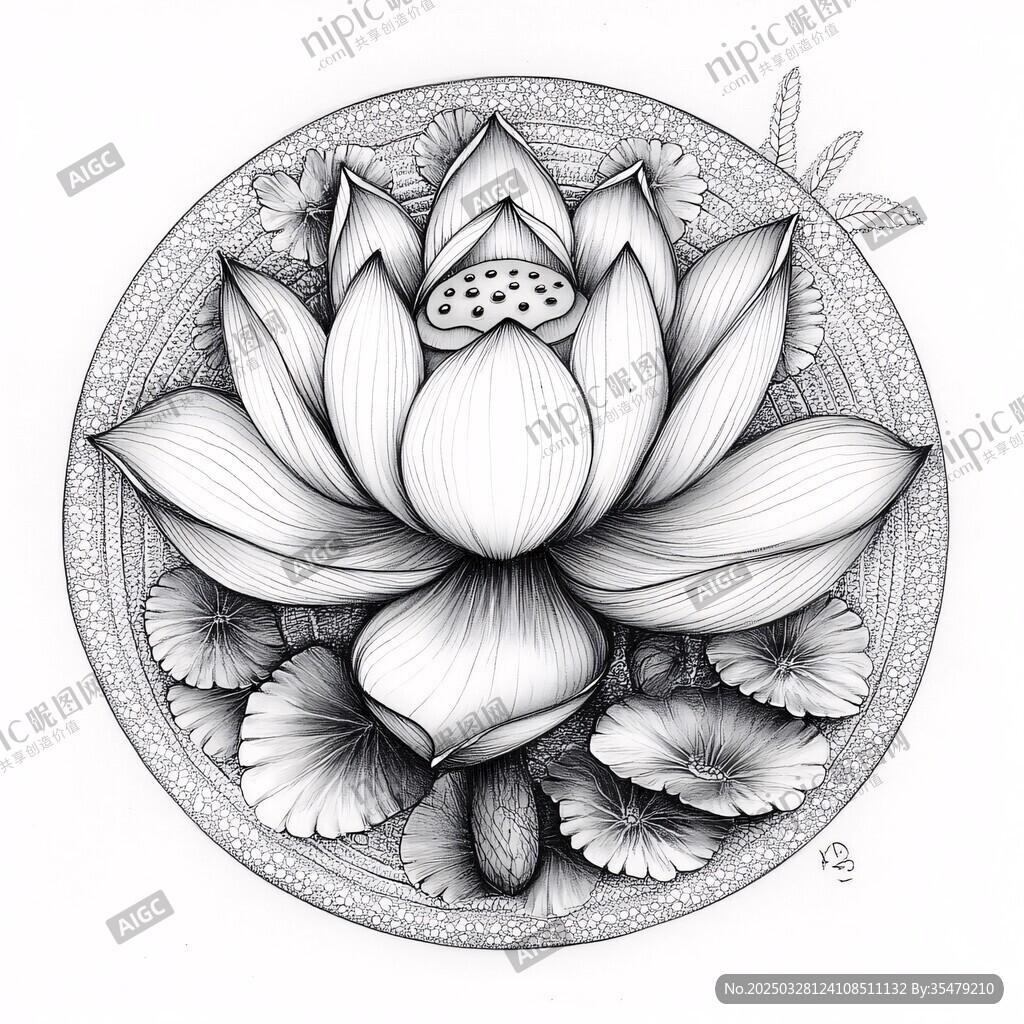 手绘莲花圆形精致图案