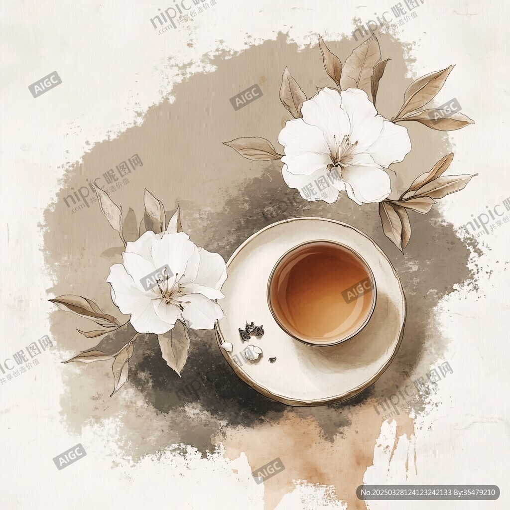 水墨风花茶插画意境美
