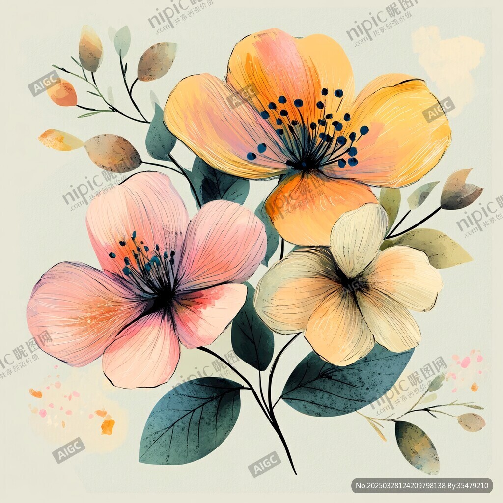 水彩花卉插画 缤纷花朵绽放