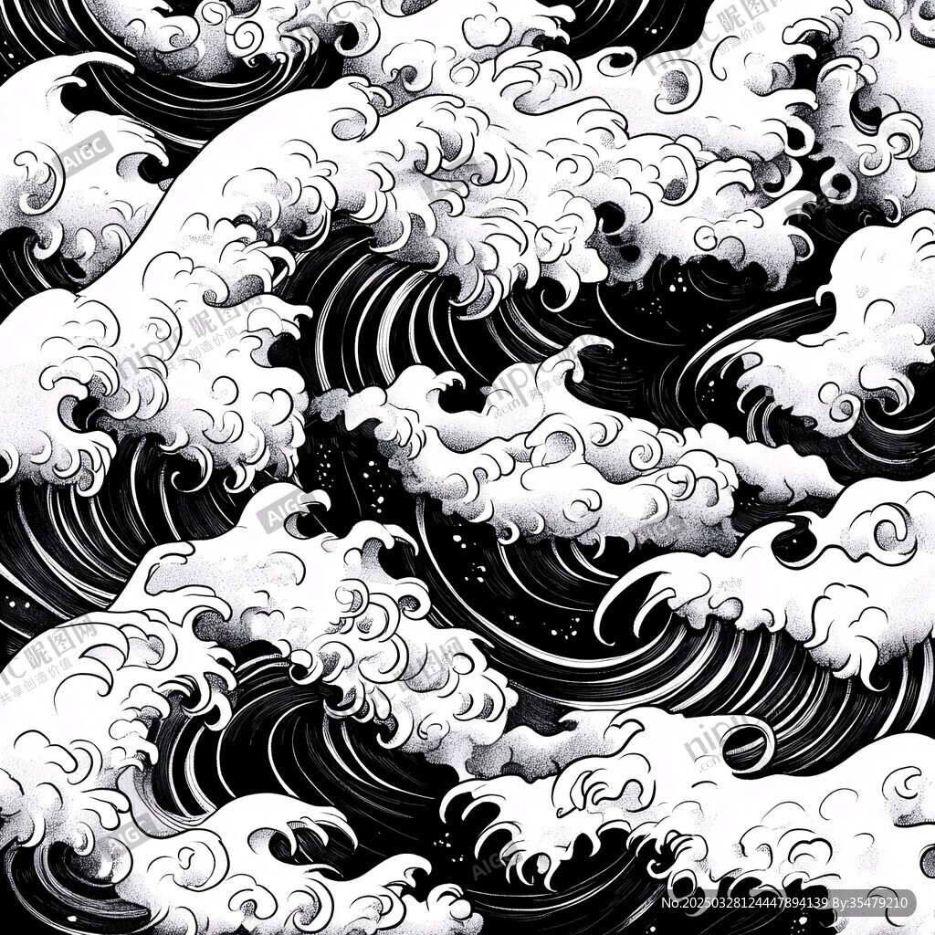 黑白海浪图案艺术插画