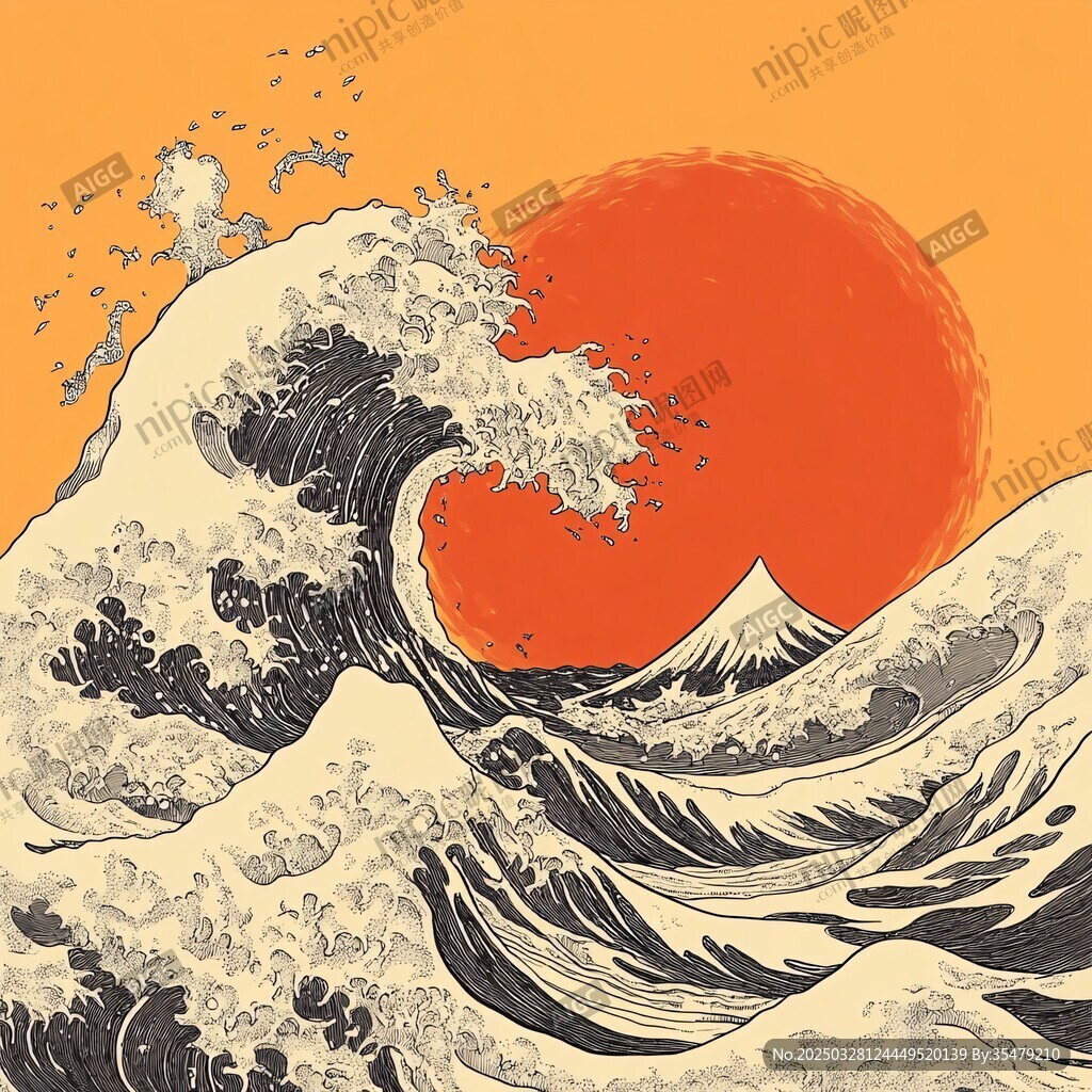 浮世绘风格巨浪与落日景观