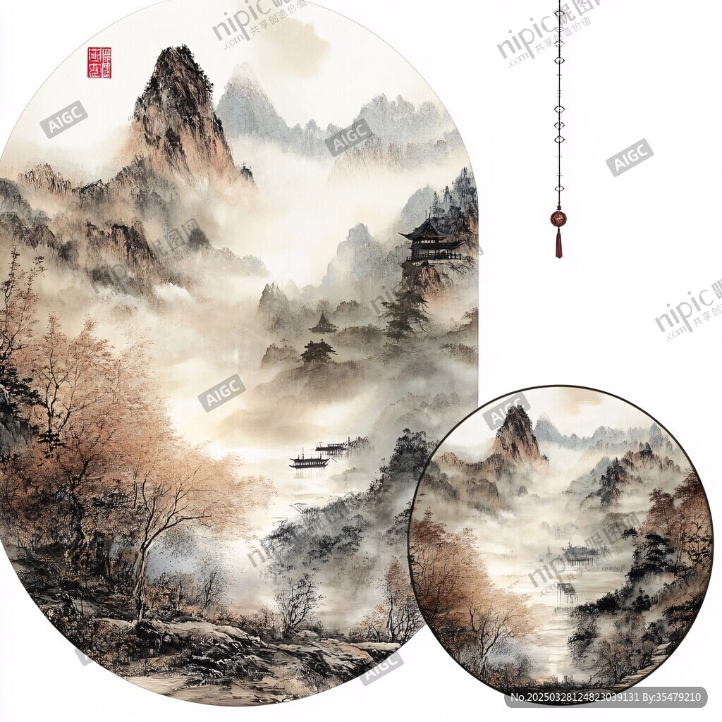 中式山水圆形挂画意境美