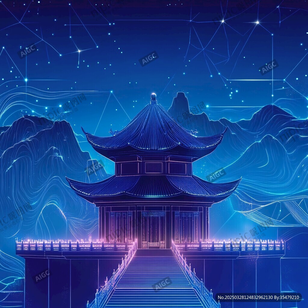梦幻星空下的中式古建