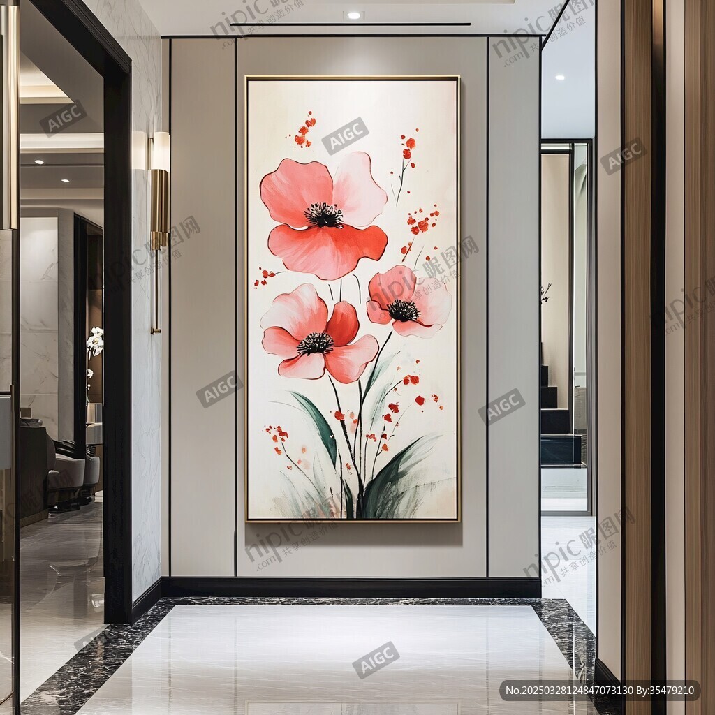 玄关处的艳丽花卉挂画