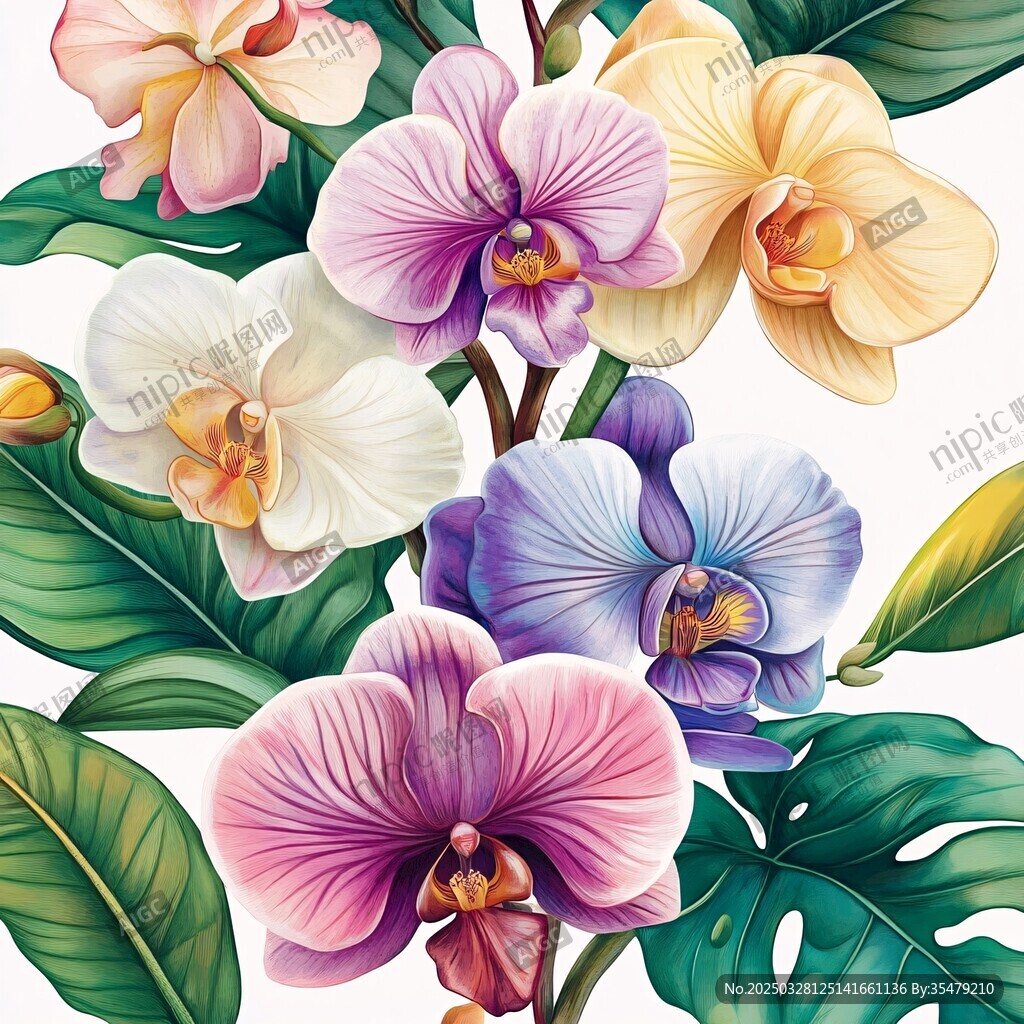 多彩蝴蝶兰与绿叶插画