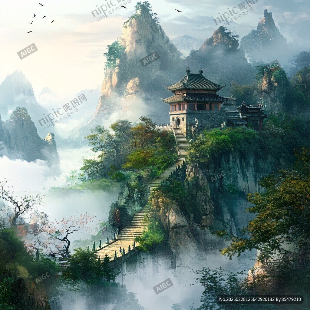 仙山古阁云雾缭绕美景