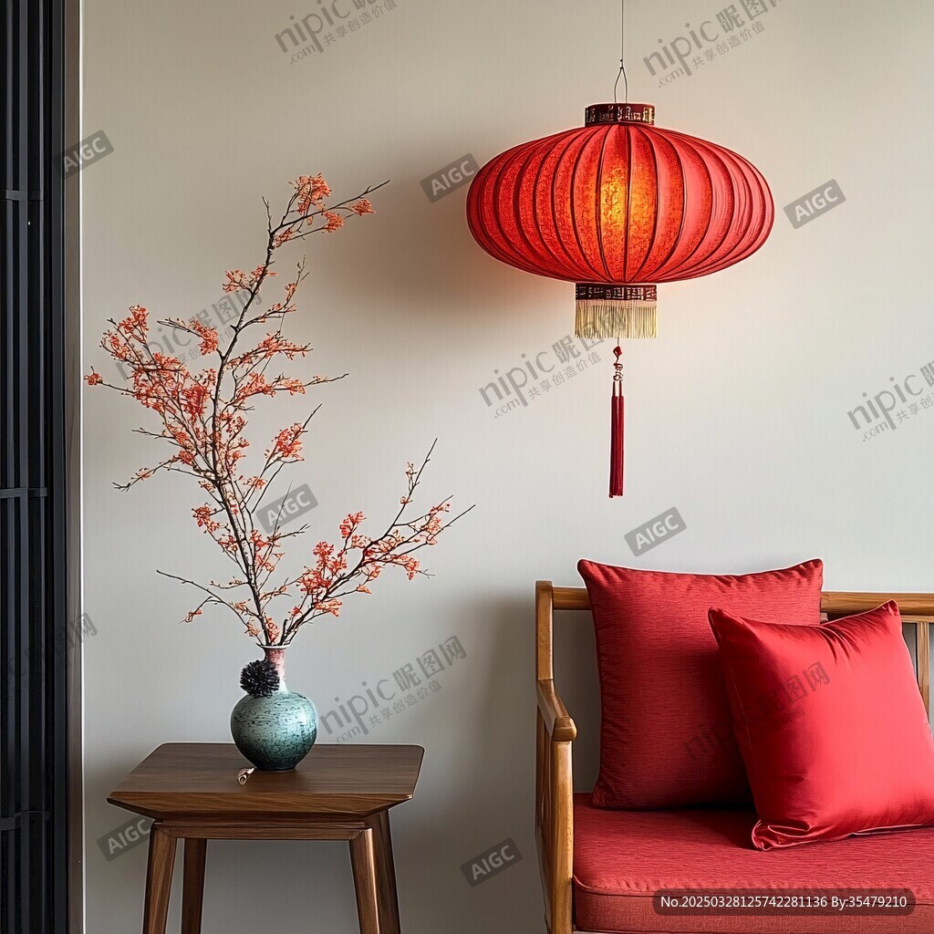 中式角落 灯笼繁花与红枕