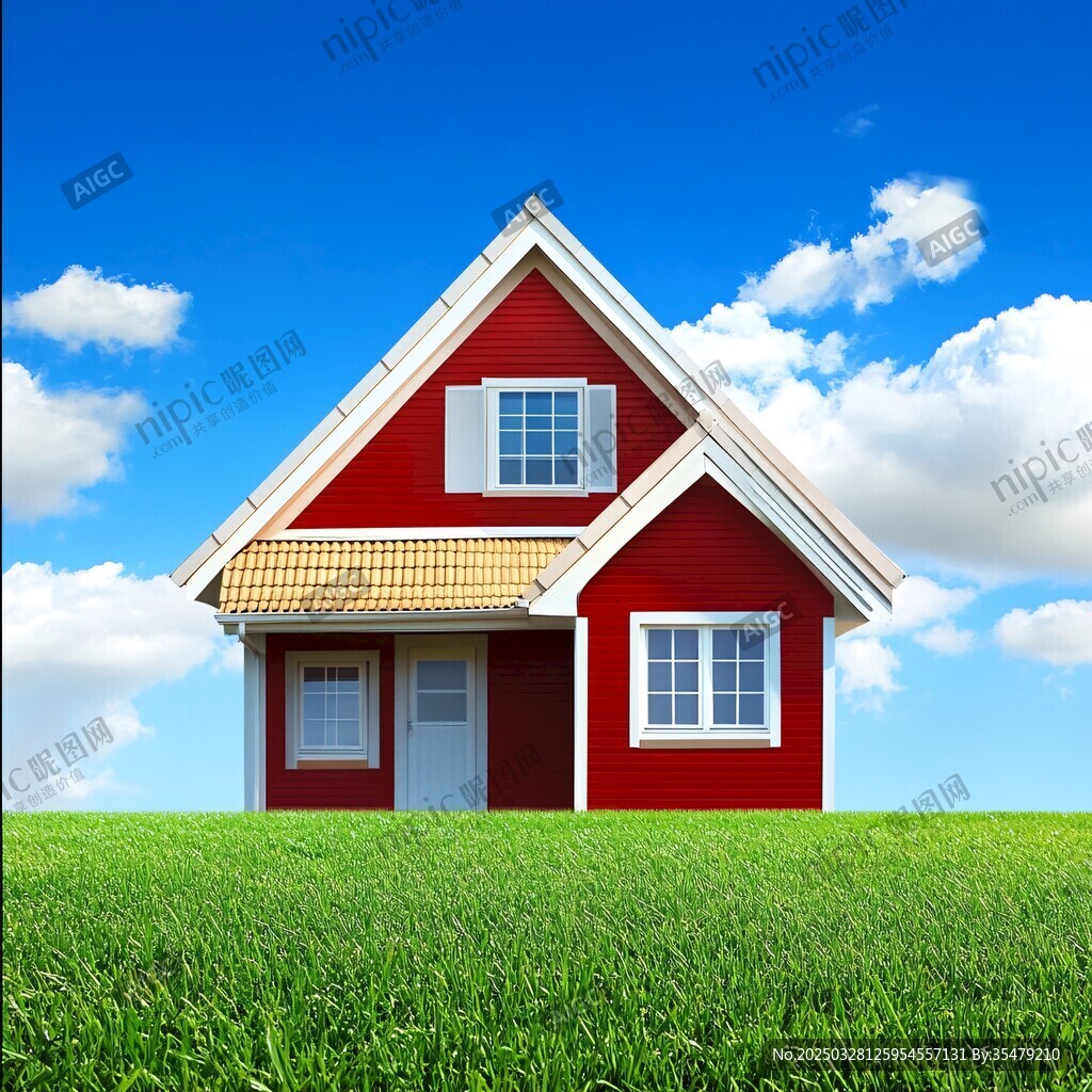 红顶小屋立于绿草地蓝天
