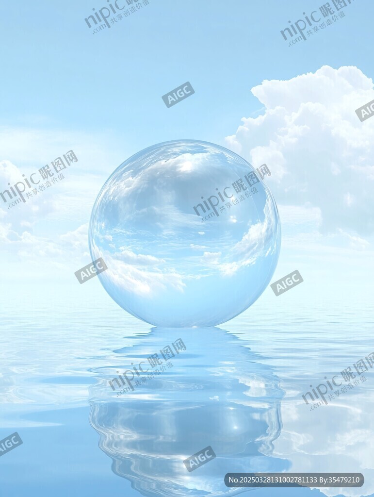 透明水晶球映蓝天白云