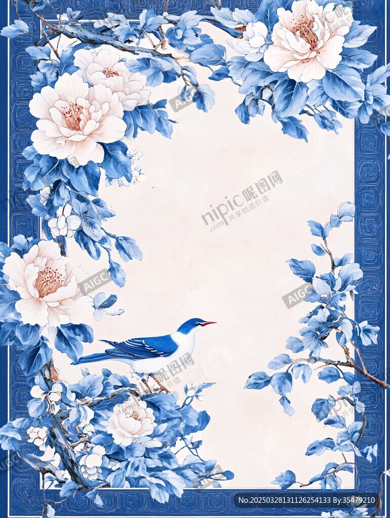蓝白花鸟中式边框装饰图