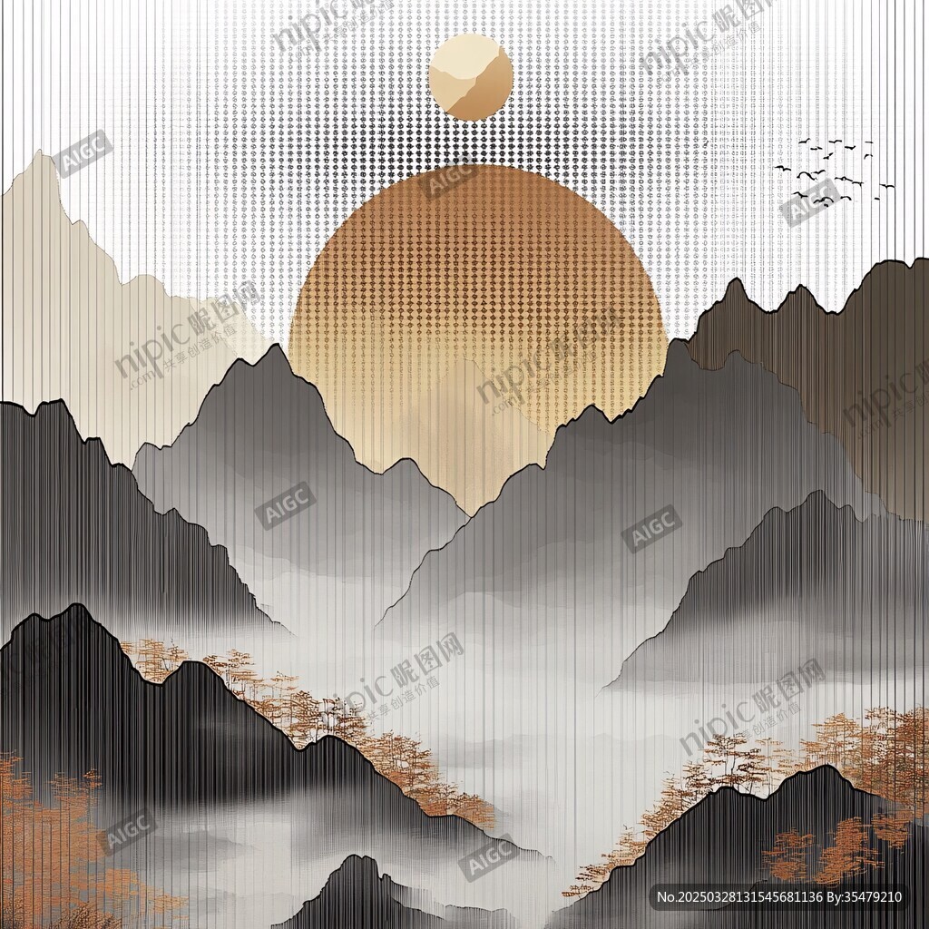 水墨群山间的日出盛景