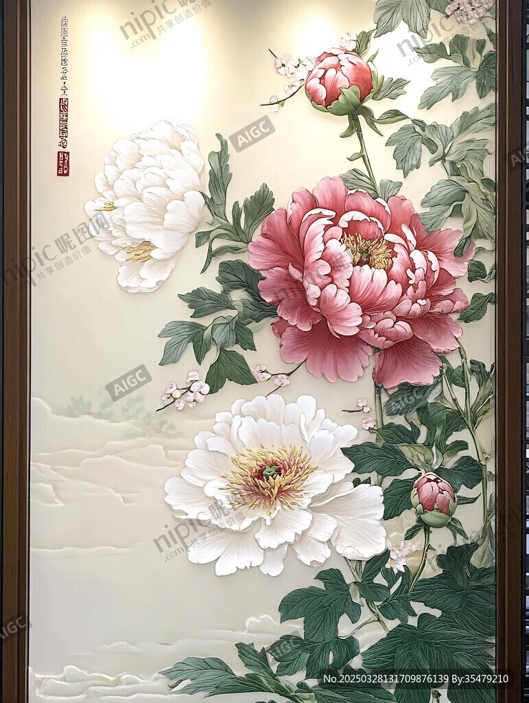 中式牡丹浮雕装饰画