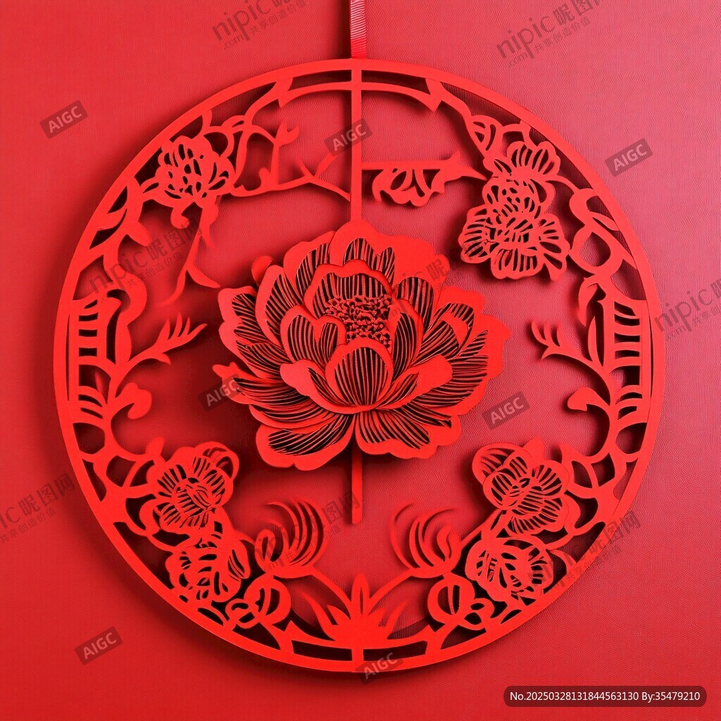 圆形红牡丹剪纸艺术作品