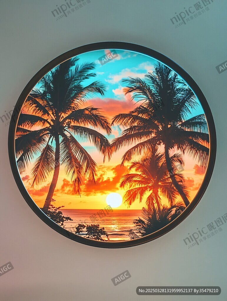 圆形热带风情夕阳椰树画