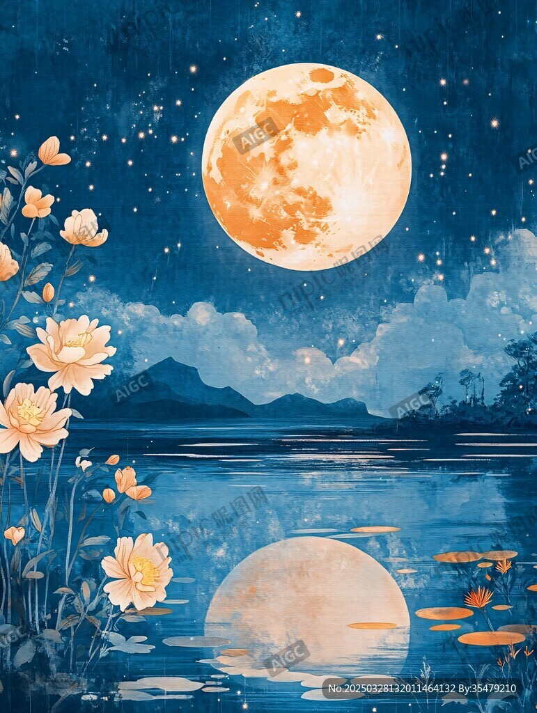 月夜湖畔花卉梦幻美景