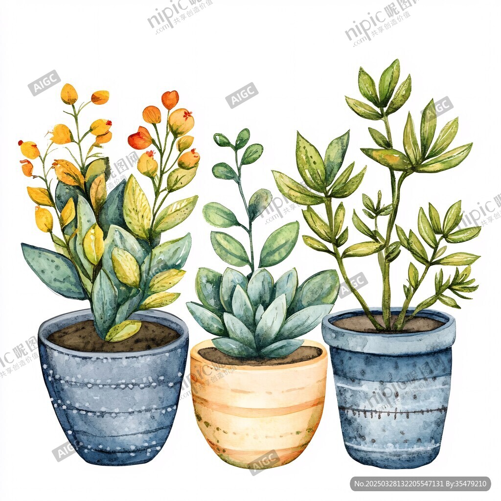 水彩风三盆绿植盆栽