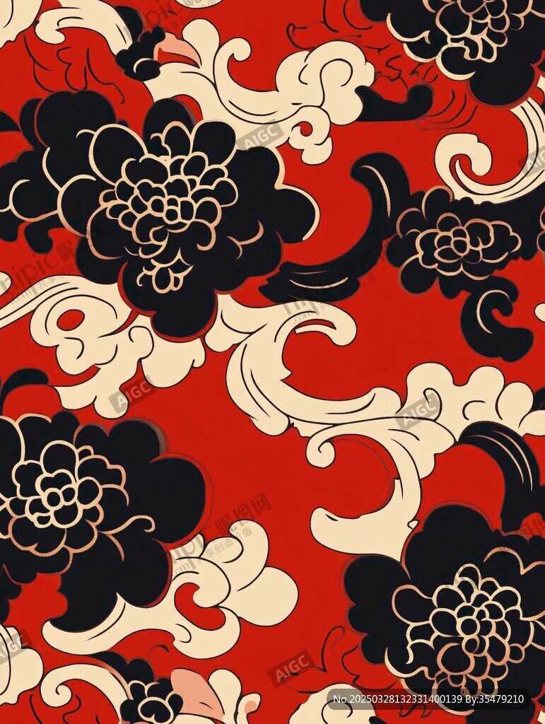 中式红底花卉云纹图案