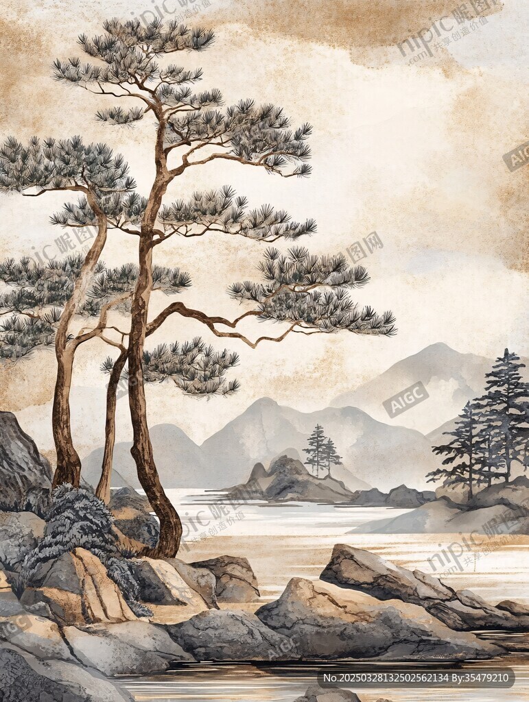 山水间双松挺立之景